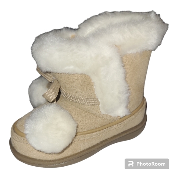 Kid Connection* Pom Pom Boot* Suede/Faux Fur Lining* Velcro Side* Sz 4 - Picture 5 of 7